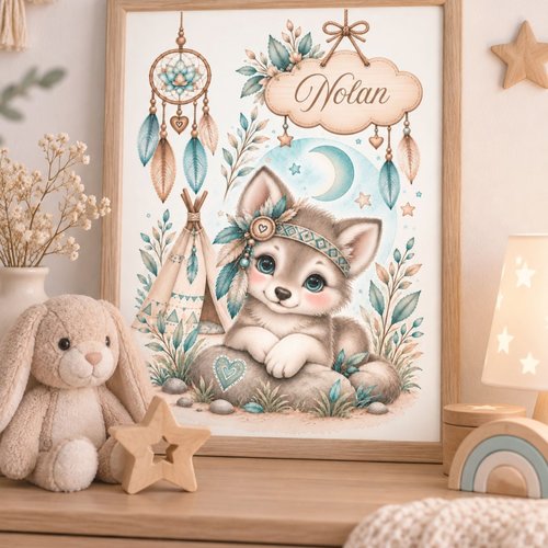 Affiche personnalisée petit loup bohème – décoration chambre enfant – lune, attrape-rêves & plumes – cadeau personnalisé