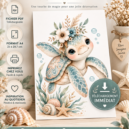 Affiche tortue bohème – petite tortue fleurie – affiche à télécharger – décoration chambre enfant – fichier pdf a4