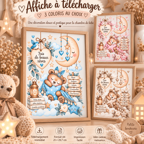 Affiche chambre bébé à télécharger – décoration douce et poétique – déco chambre bébé – format a4