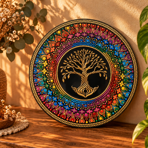 Tableau en bois mandala arbre de vie – décoration bohème colorée – peinture dot painting artisanale