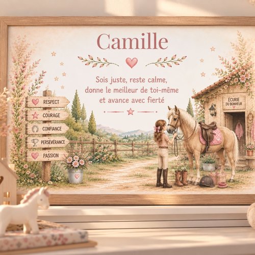 Affiche personnalisée équitation – décoration chambre fille – français et anglais