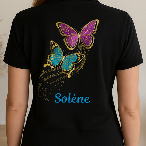 Polo / t-shirt femme personnalisé – motif papillons brodés