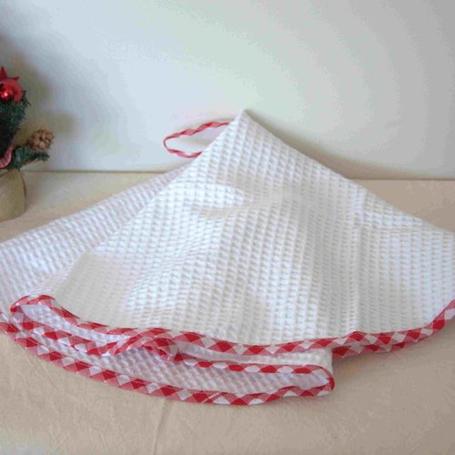 Essuie-mains rond nid d'abeille blanc biais vichy rouge