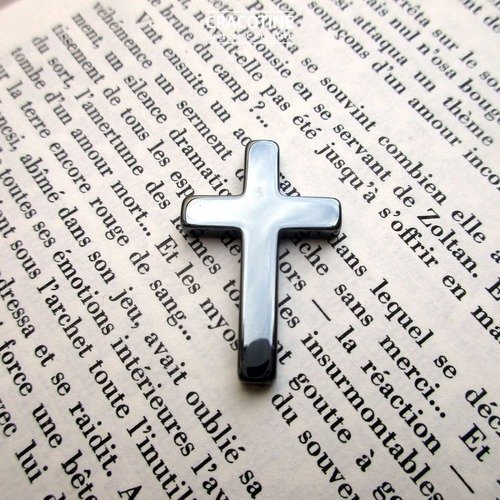 Pendentif CROIX 51mm Pierre Hématite noire création bijoux