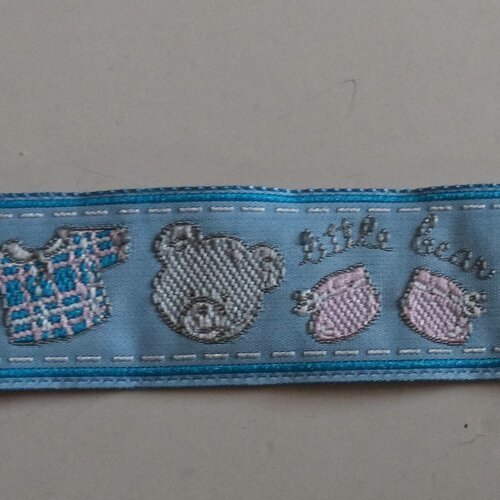 Ruban bleu ciel avec des nounours et des motifs bébé largeur 2.5cm neuf 