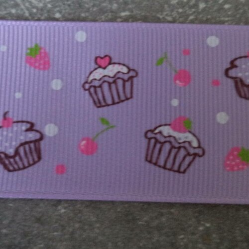 Ruban gros grain mauve avec des cupcakes largeur 3 cm 