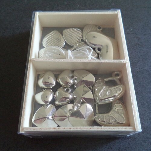 Boîte de 15 breloques coeur plusieurs modèles et grosseur argenté