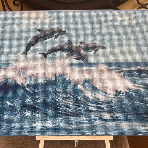 Tableau " les dauphins " en broderie de diamants