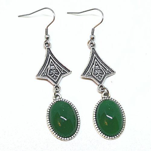 Boucles d'oreilles ethniques cabochon en pierre de jade verte, connecteur ciselé argent tibétain