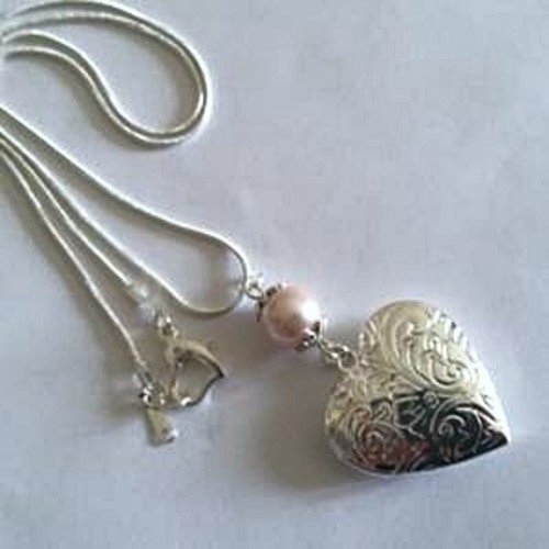 Collier pendentif "porte photo" coeur avec chaîne en plaqué argent 925 avec perle nacrée rose pâle, 