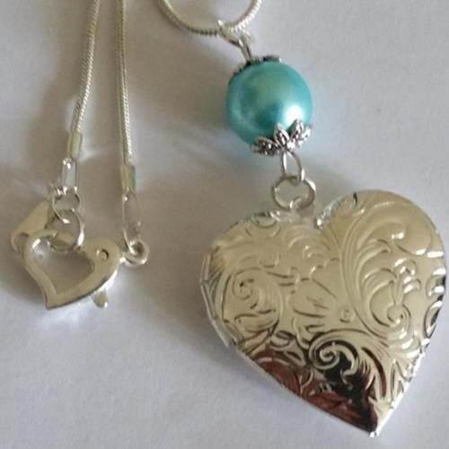 Collier pendentif "porte photo" coeur avec chaîne en plaqué argent 925 et perle nacrée bleu ciel, coupelles