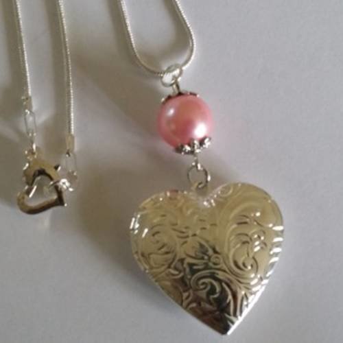 Collier pendentif "porte photo" coeur avec chaîne en plaqué argent 925 avec perle nacrée rose 
