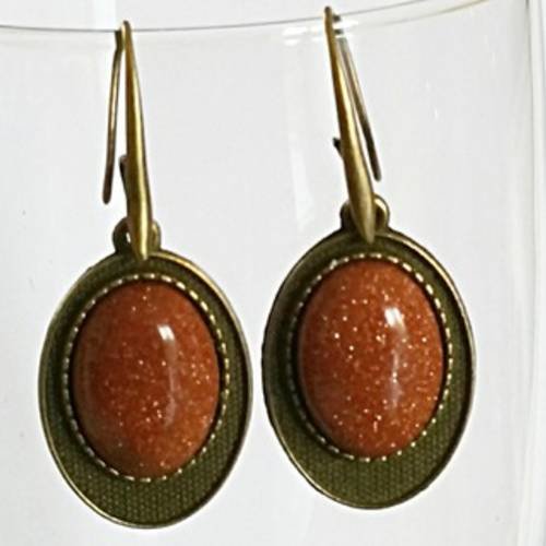 Boucles d'oreilles rétro cabochon en pierre de soleil marron orangé,  grandes attaches dormeuses en laiton bronze 