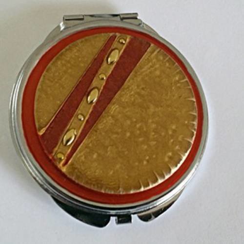Miroir de poche ou sac motif désign beige-doré et orange-brique en métal argenté 