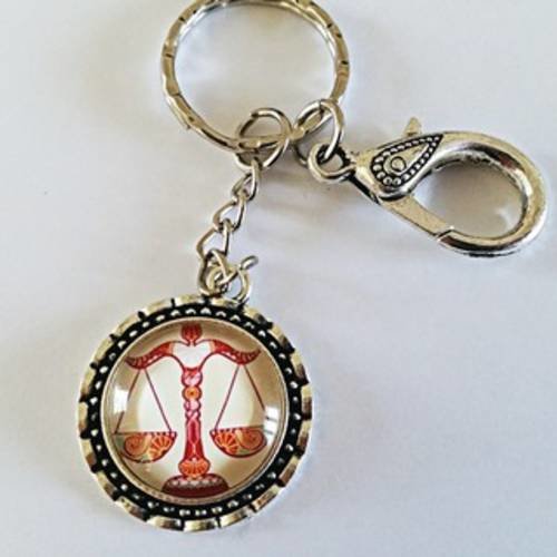 Bijou de sac/porte clés signe du zodiaque "balance" avec cabochon en verre, mousqueton ciselé et anneau 