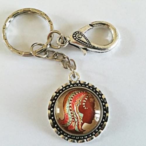 Bijou de sac/porte clés signe du zodiaque "vierge" avec cabochon en verre, mousqueton ciselé et anneau 