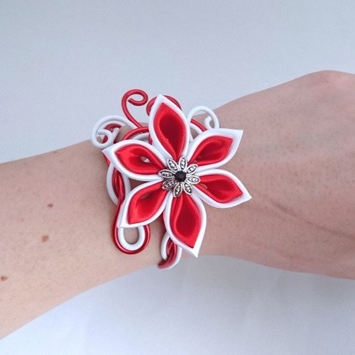 Bracelet aluminium fleur kanzashi rouge et blanc