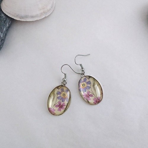 Boucles d'oreilles cabochon en verre, motif fleuri violet, rose