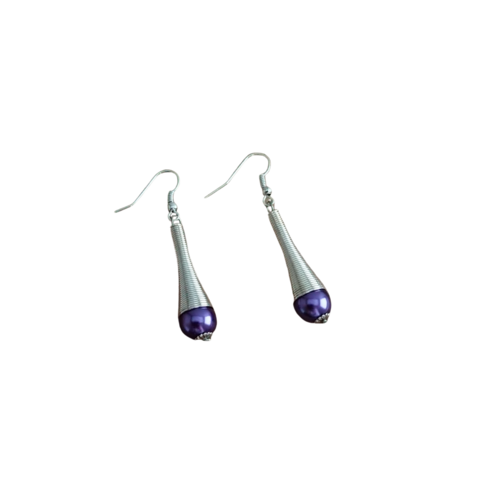Boucles d'oreilles pendantes, goutte, spirale argenté, coloris violet