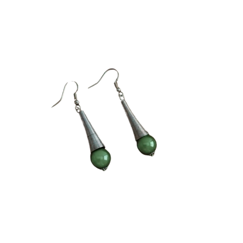 Boucles d'oreilles pendantes, goutte, spirale argenté, coloris vert