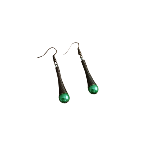 Boucles d'oreilles pendantes, goutte, spirale bronze, coloris vert.