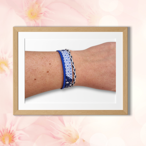 Bracelet liberty tissu, suédine, coton, aux motifs fleuris, losange, couleur bleu, gris, blanc