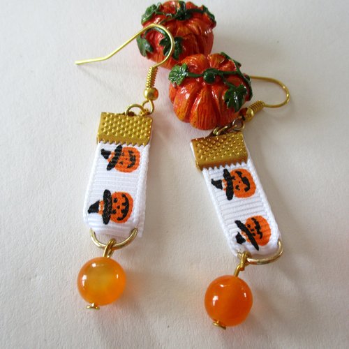 Boucles d'oreilles ruban citrouilles et perle orange - halloween - crochets acier chirurgical