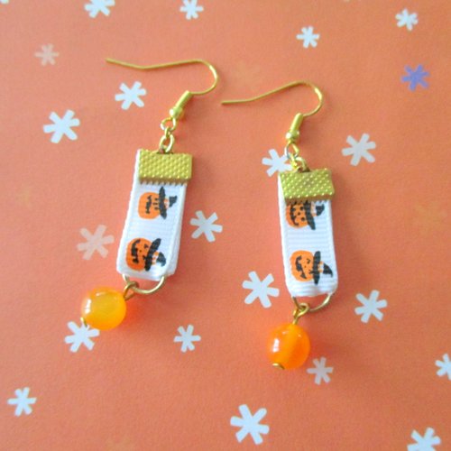 Boucles d'oreilles ruban citrouilles et perle orange - halloween