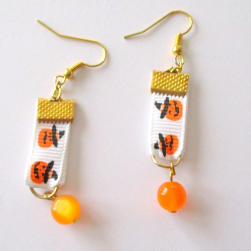 Boucles d'oreilles ruban citrouilles et perle orange - halloween