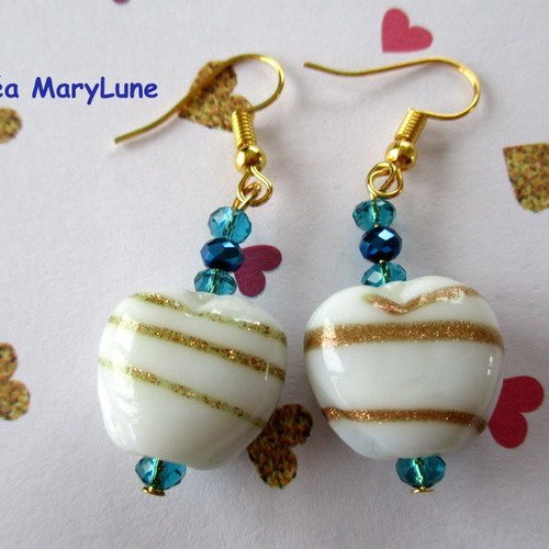 Boucles d'oreilles cœur porcelaine et perles bleu et turquoise