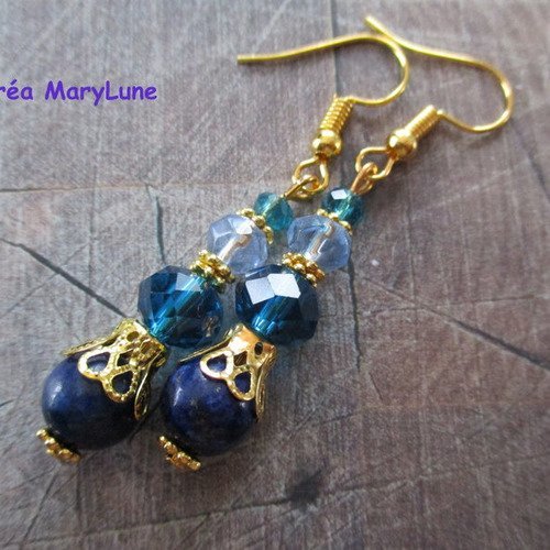 Boucles d'oreilles à crochets en acier chirurgical bleu et or en lapis lazuli - 1831342