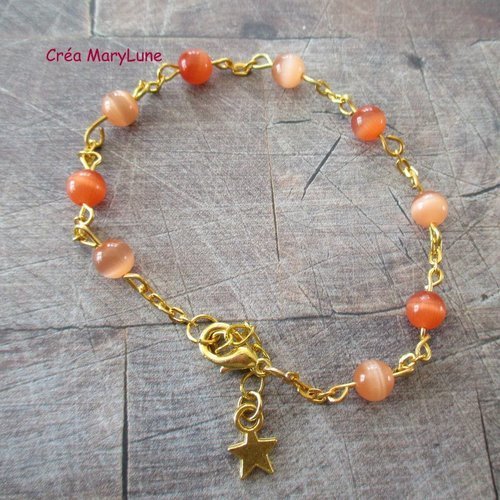 Bracelet en perles de verre oeil de chat de couleur orange et chaînette dorée - 2060430