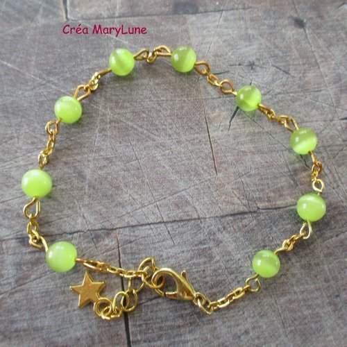 Bracelet en perles de verre oeil de chat de couleur anis et chaînette dorée - 2060458