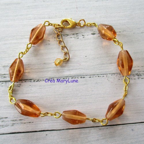 Bracelet en perles de verre caramel et chainette dorée - 2137233