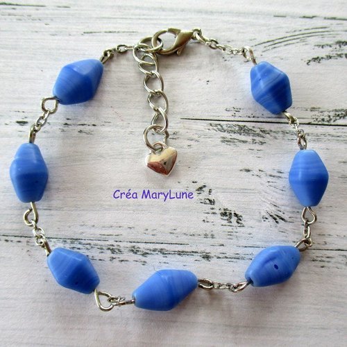 Bracelet en perles de verre de couleur bleue mate et chaînette argenté - 2138464