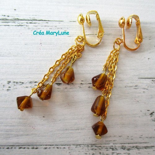 Boucles d'oreilles clips pour oreilles non percées perles en verre transparent caramel  (voir bracelet correspondant) - 2146050