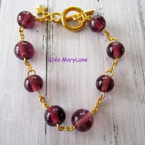 Bracelet en perles de verre de couleur prune et chainette dorée -  18 cm ajustable - 2157583