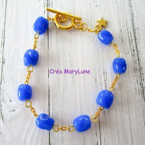 Bracelet en perles de verre de couleur bleu et chainette dorée - 18 cm réglable - 2157705