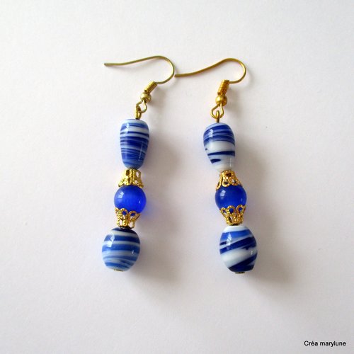 Boucles d'oreilles bleues et blanc à rayures - crochets en acier chirurgical