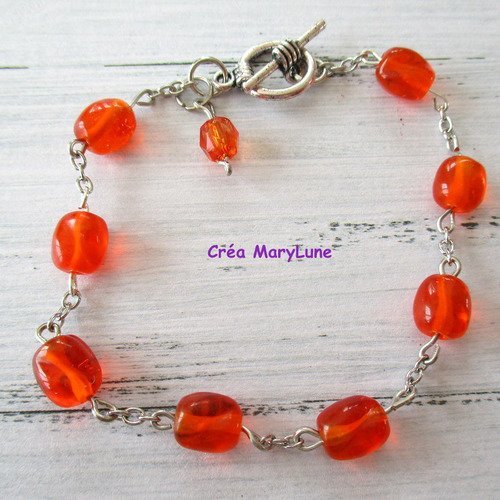 Bracelet en perles de verre de couleur orange et chainette argent - + ou - 18 cm réglable - 2182906
