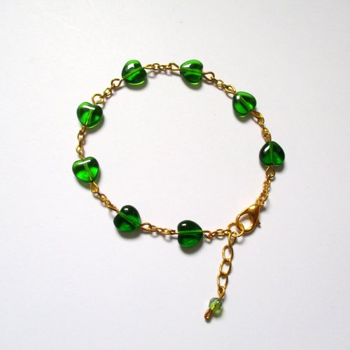 Bracelet en perles de verre cœur vert et chainette dorée - 17 cm ajustable - 2207873