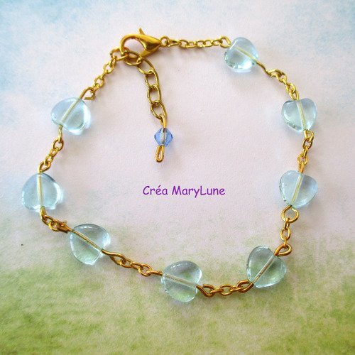 Bracelet en perles de verre coeur bleu et chainette dorée - 17 cm ajustable - 2207983