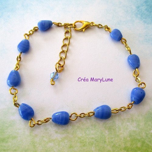 Bracelet en perles de verre en forme de gouttes bleues opaques et chainettes dorées - 18 cm réglable - 2207994