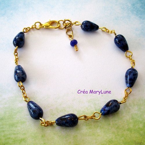Bracelet en perles de verre en forme de gouttes bleu marine et chainettes dorées - 18 cm réglable - 2208012