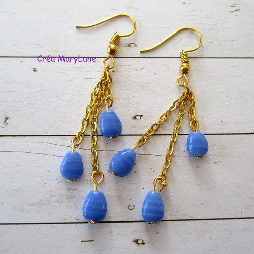 Boucles d'oreilles à crochets en acier chirurgical perles  en forme de goutte de couleur bleue-  2209908