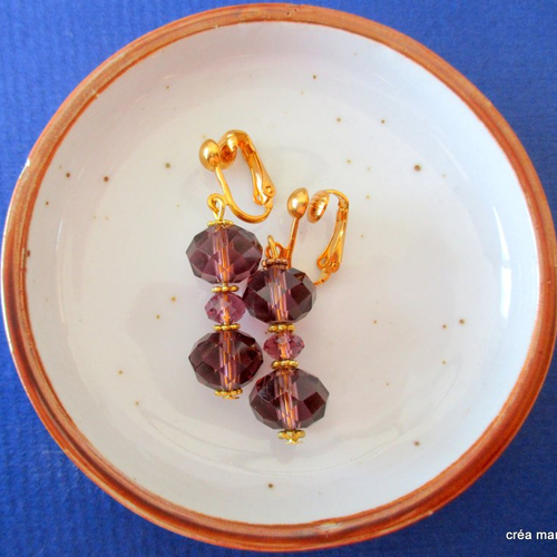 Clips boucles d'oreilles  trio de perles prune