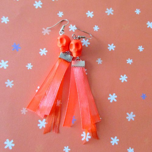 Boucles d'oreilles tête de mort et ruban orange - halloween