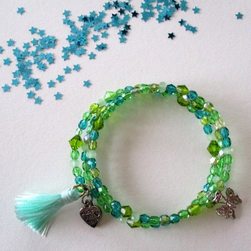 Bracelet a mémoire de forme a perles en verre et plastique de couleur verte