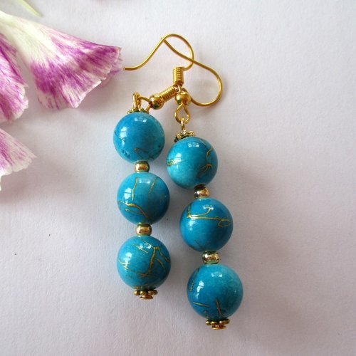 Boucles d'oreilles trio de perles bleues veinées d'or - crochet en acier chirurgical - 2744911
