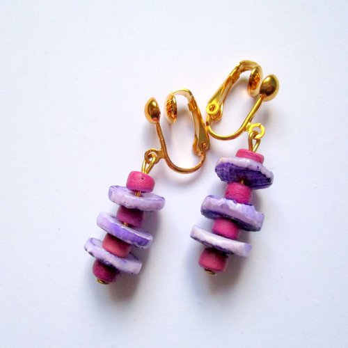 Clips boucles d'oreilles sequins en nacre et perles bois violet/mauve